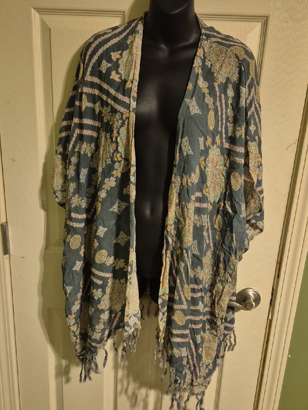 Lagaci Blue Patterned Kimono Cardigan with Fringe